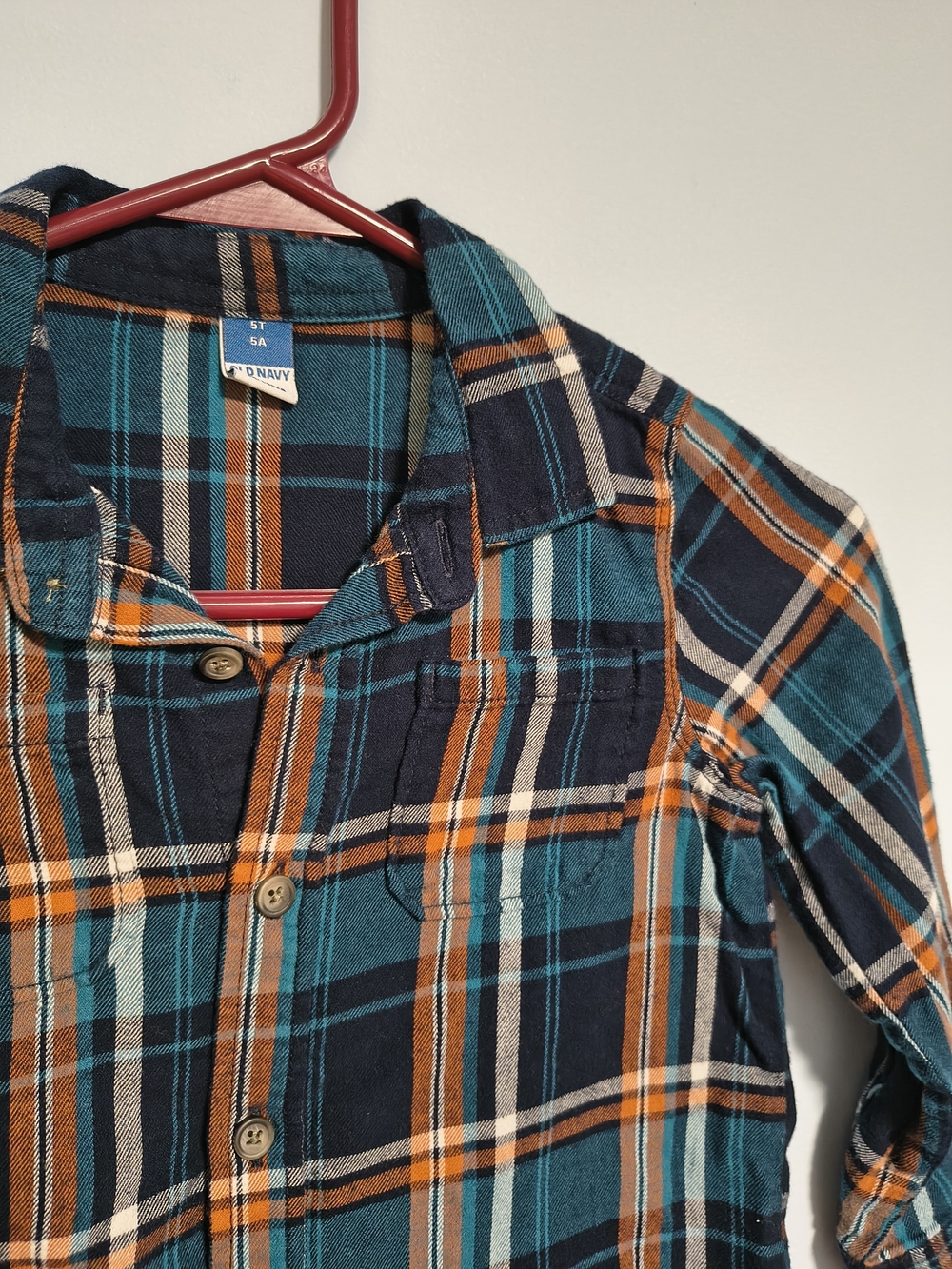 Old Navy Long-Sleeve Plaid Pocket Shirt Toddler Boys 5T Teal Orange